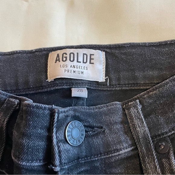 Agolde- Black Sophie Mid Rise Cropped Distressed Hem Skinny Jeans Size 28 - Picture 5 of 9